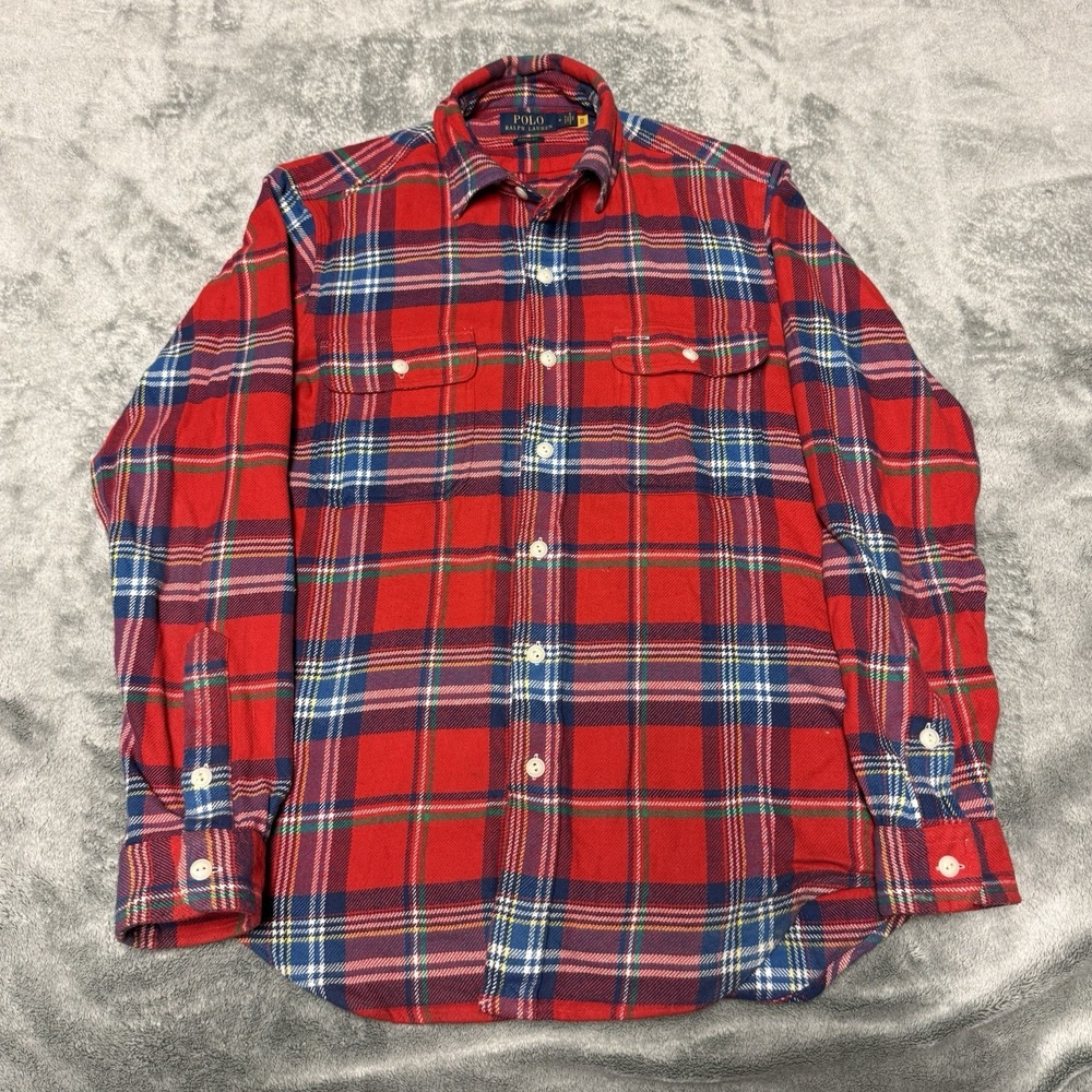 Polo Ralph Lauren Shirt Mens M Classic Fit Red Plaid Flannel Loop Collar